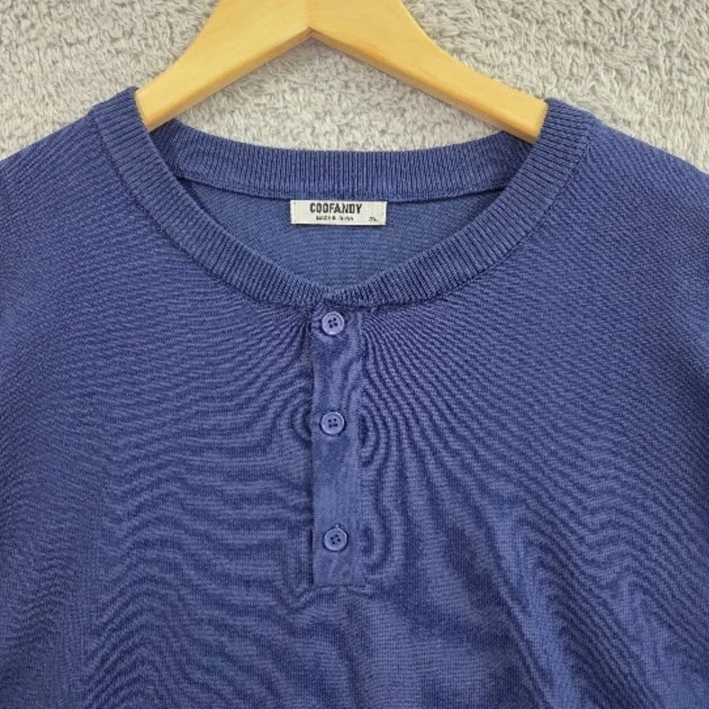 COOFANDY Men's Knit Henley Sweater Shirt Short Sleeve Blue 2XL Casual Button Tee